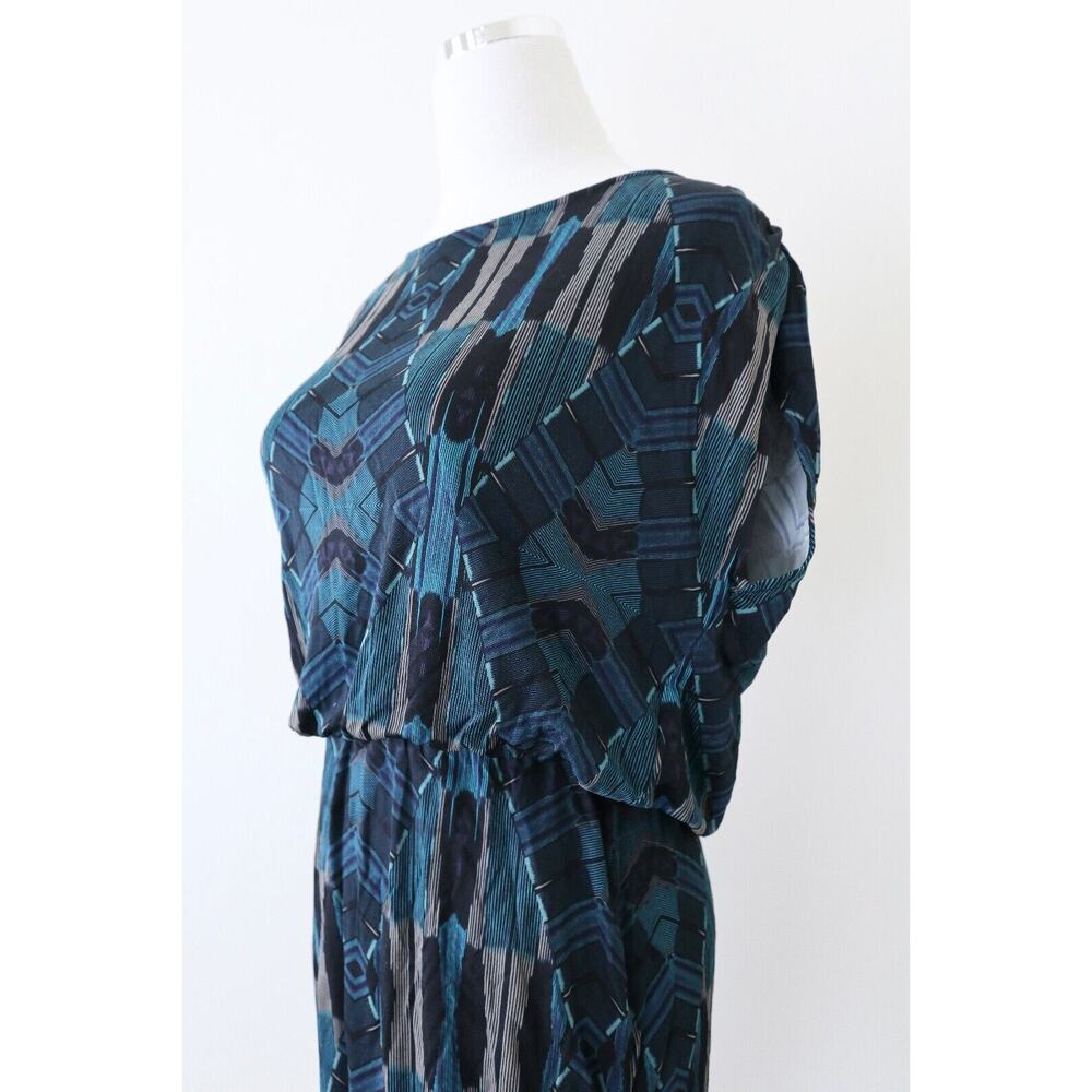 Dolce Vita Size M Geometric Print Dress Leather Cutout Back Ruched Teal Blue - Picture 6 of 13